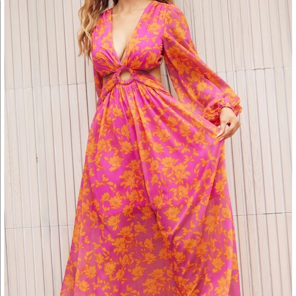 Pink and Orange floral long sleeve maxi dress with cutouts. - Picture 2 of 8